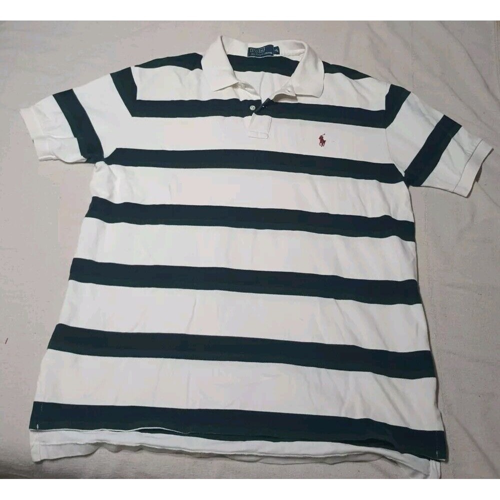 Vintage‎ blue Green white polo ralph lauren striped two button shirt size XL FF